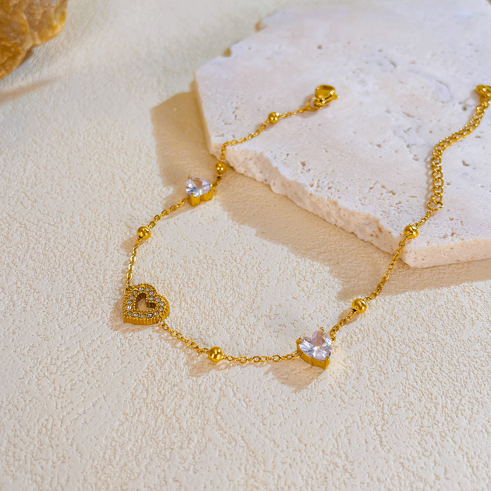 Gold Heart Bracelet – Stainless Steel, Cubic Zirconia